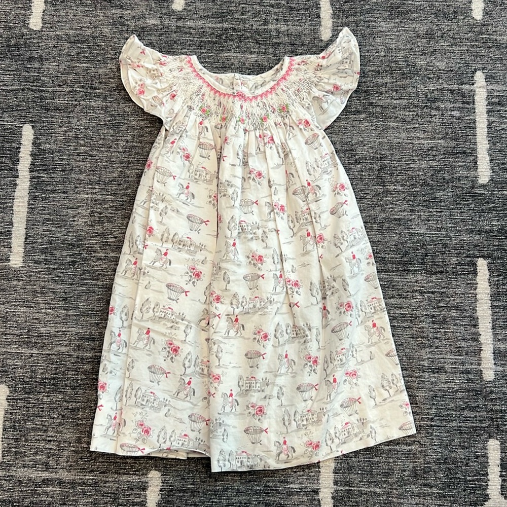 Simply Smock dress with pink and grey design of horses and flowers 12m